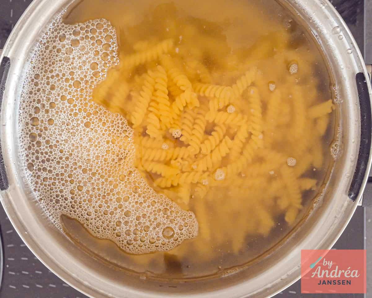 A pan of fusilli pasta