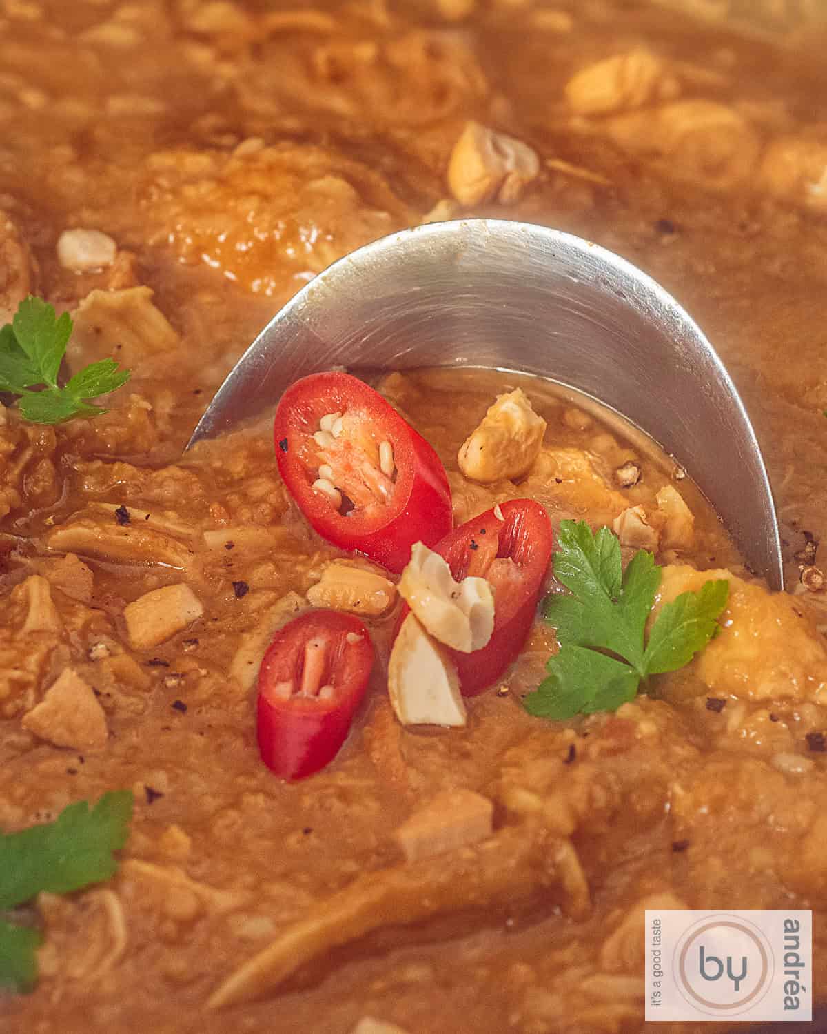 Satay sauce with chicken, nuts and a garnish of chili pepper and parsley.