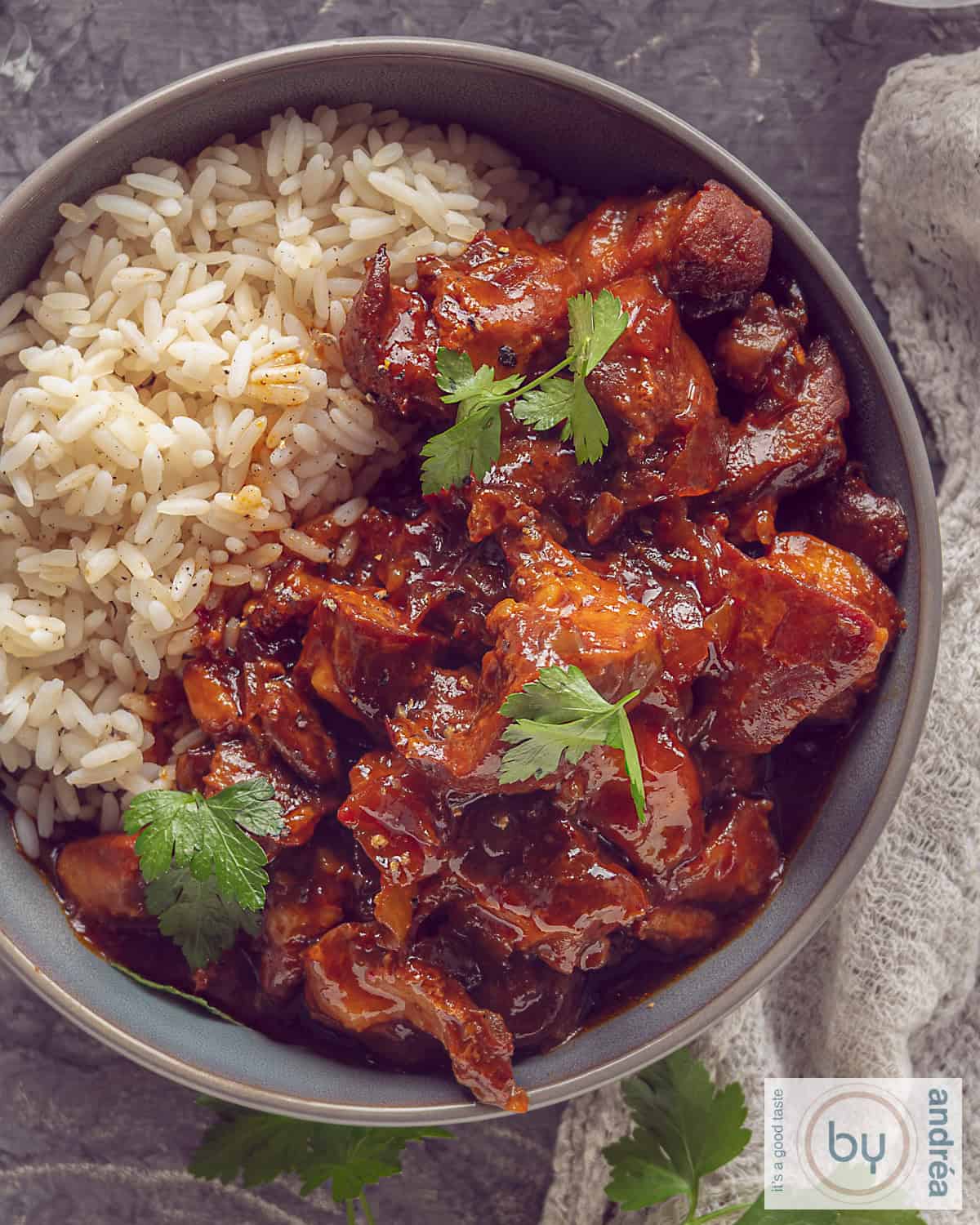 A photo from above of a gray bowl filled with slow cooker ajam pangang with chicken and rice.
