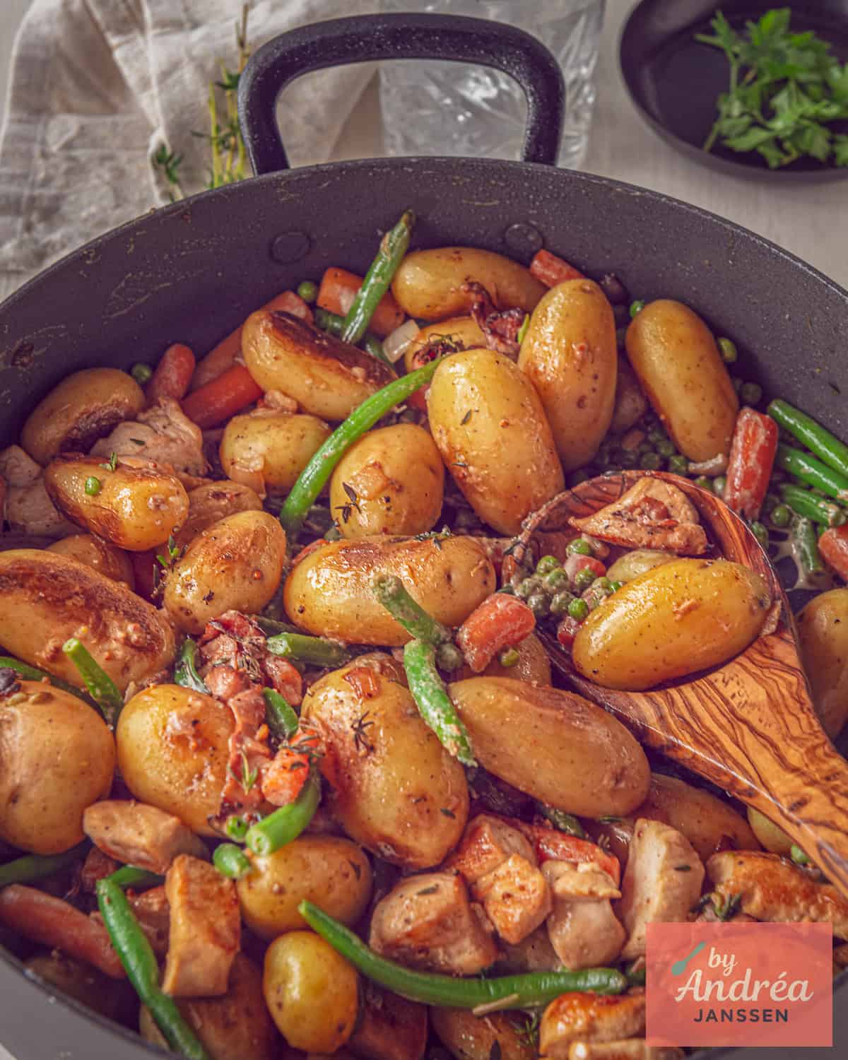A top-down photo of a pan of bonne femme with chicken and vegetables