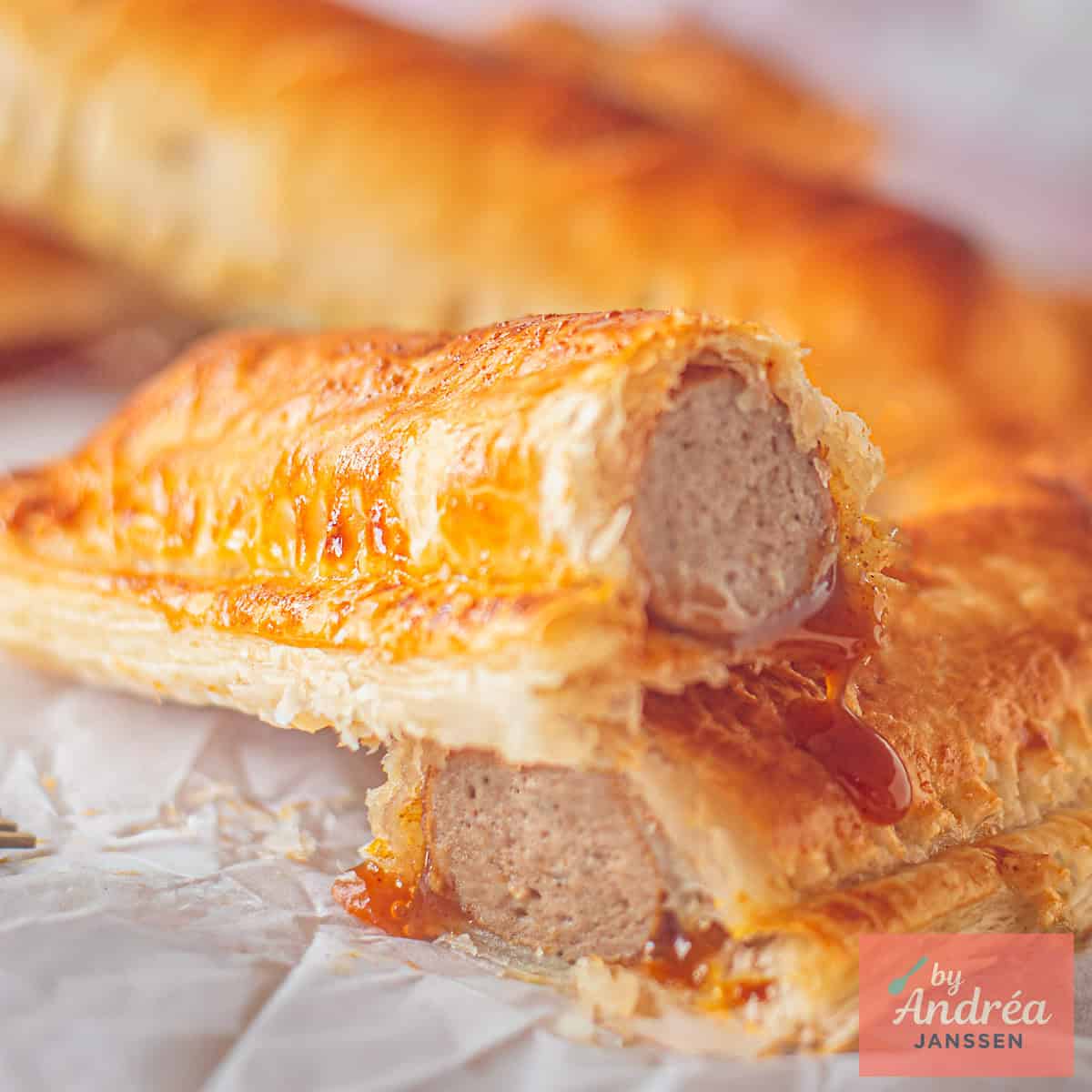 A square of frikandel rolls with one of them cut in half revealing frikandel puff pastry and curry layers.