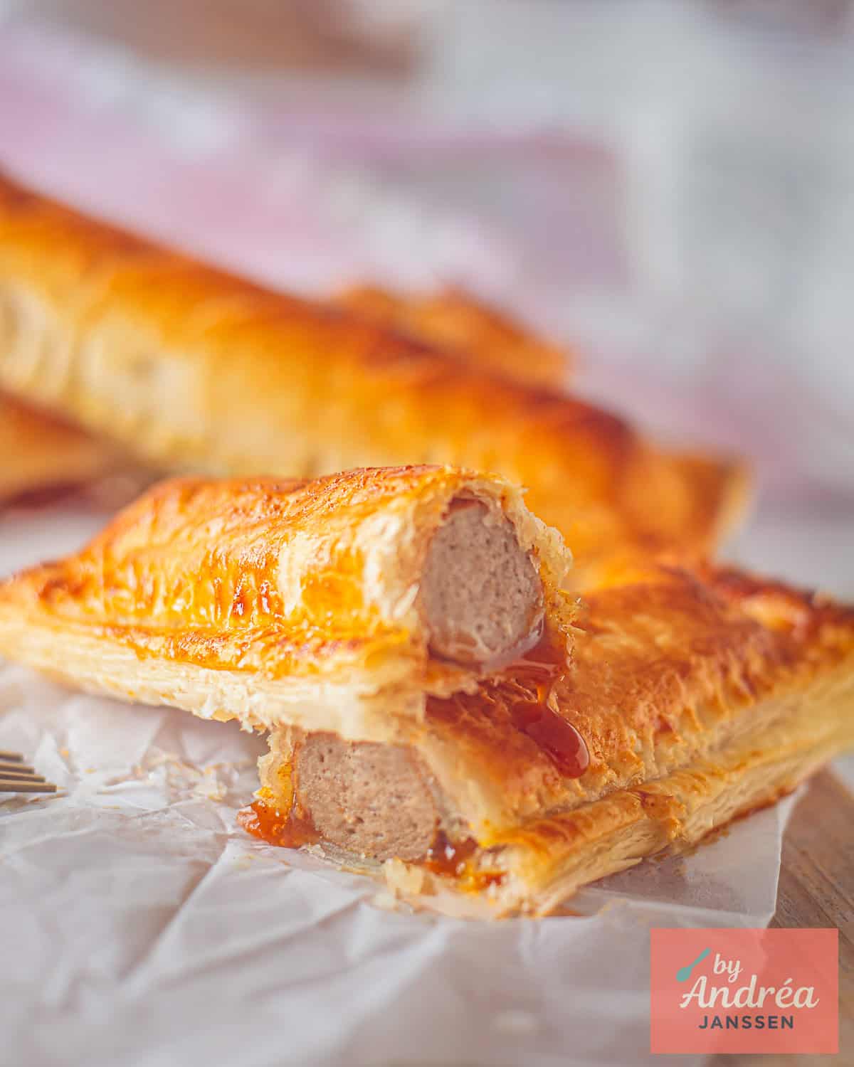 A section of the croquette rolls, one of which has been cut open, revealing the curry and frikandel.