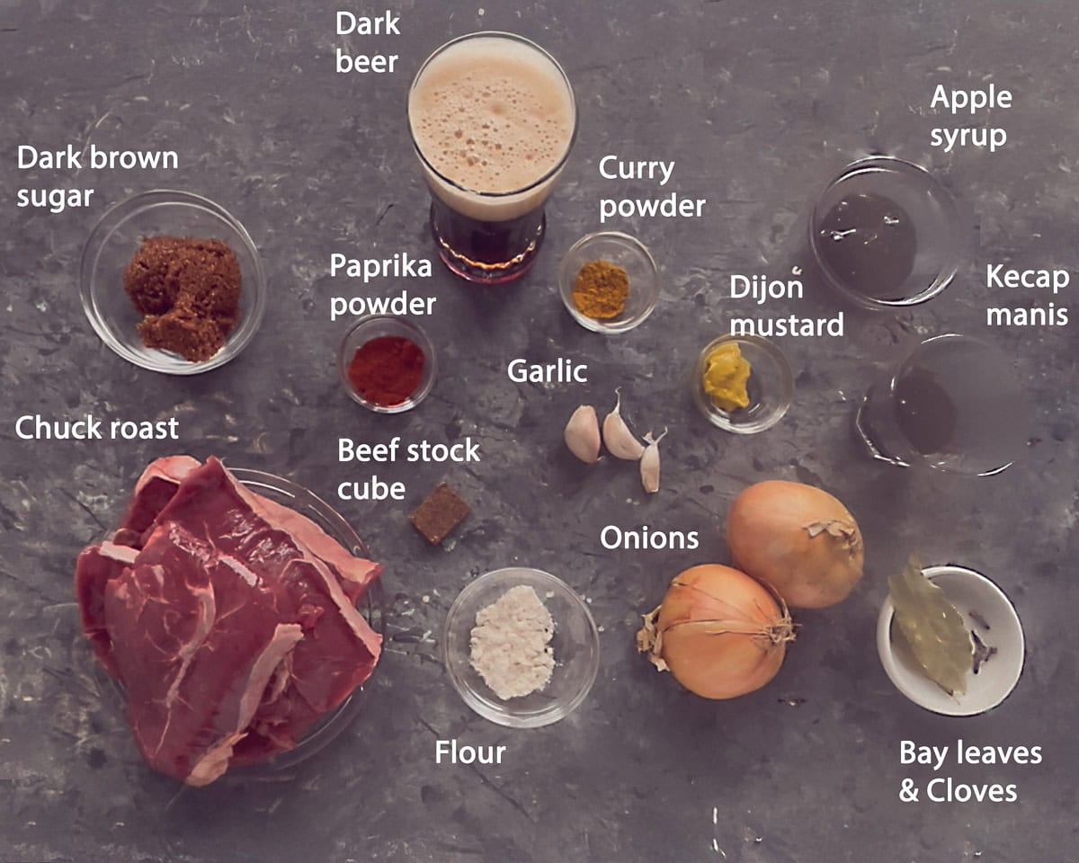 Ingredients for fries and stew (Dutch patatje stoofvlees) from the slow cooker