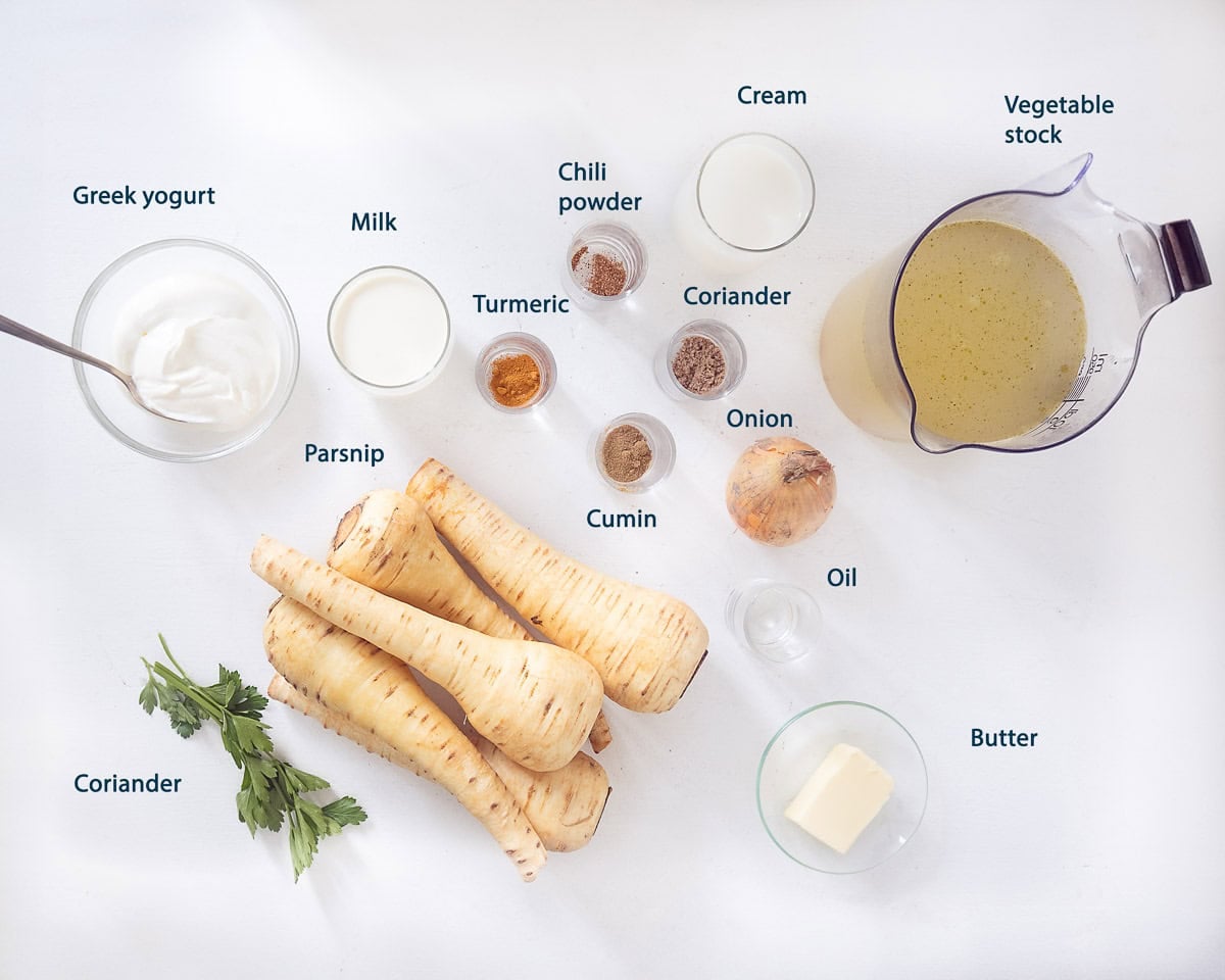 Ingredients Parsnip Soup With Coriander And Cream on a white background with text description