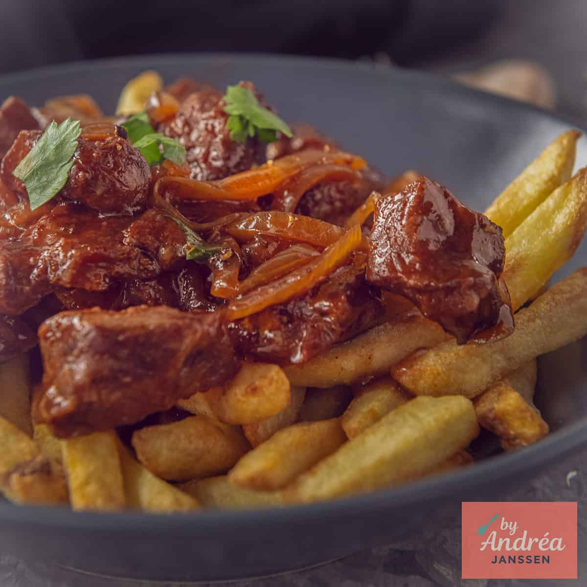 A square photo with a plate of fries and stew on top