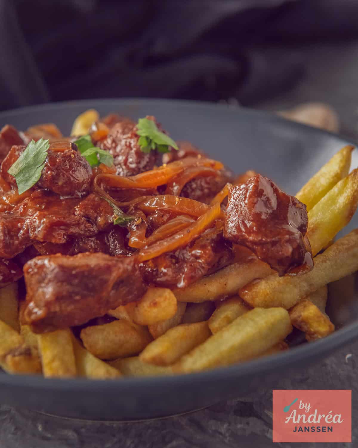 A gray plate with fries and stew on it: fries stew