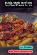 A portion of a gray plate with fries and stew. The text above reads: Dutch Patatje Stoofvlees With Fries – Easy Slow Cooker Recipe