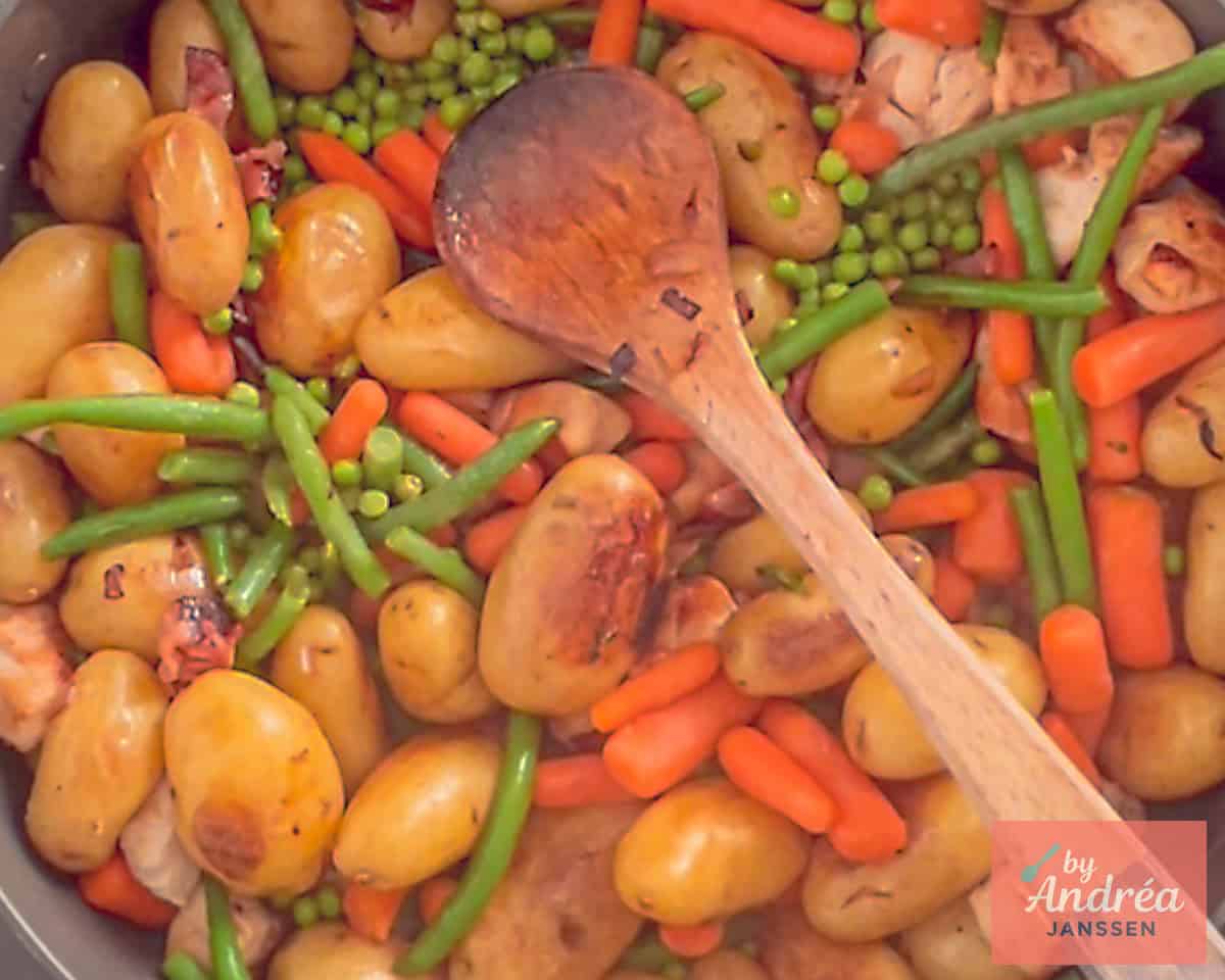 Chicken Potato Skillet with baby potatoes and chicken in a pan with vegetables