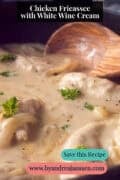 A portion of a pan of chicken fricassee, parsley, and onion. A caption at the top reads: Chicken Fricassee with White Wine Cream.