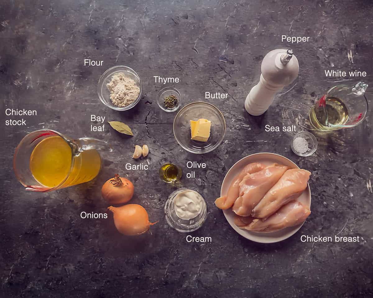 Ingredients Chicken Fricassee With White Wine Cream on a grey background with text description