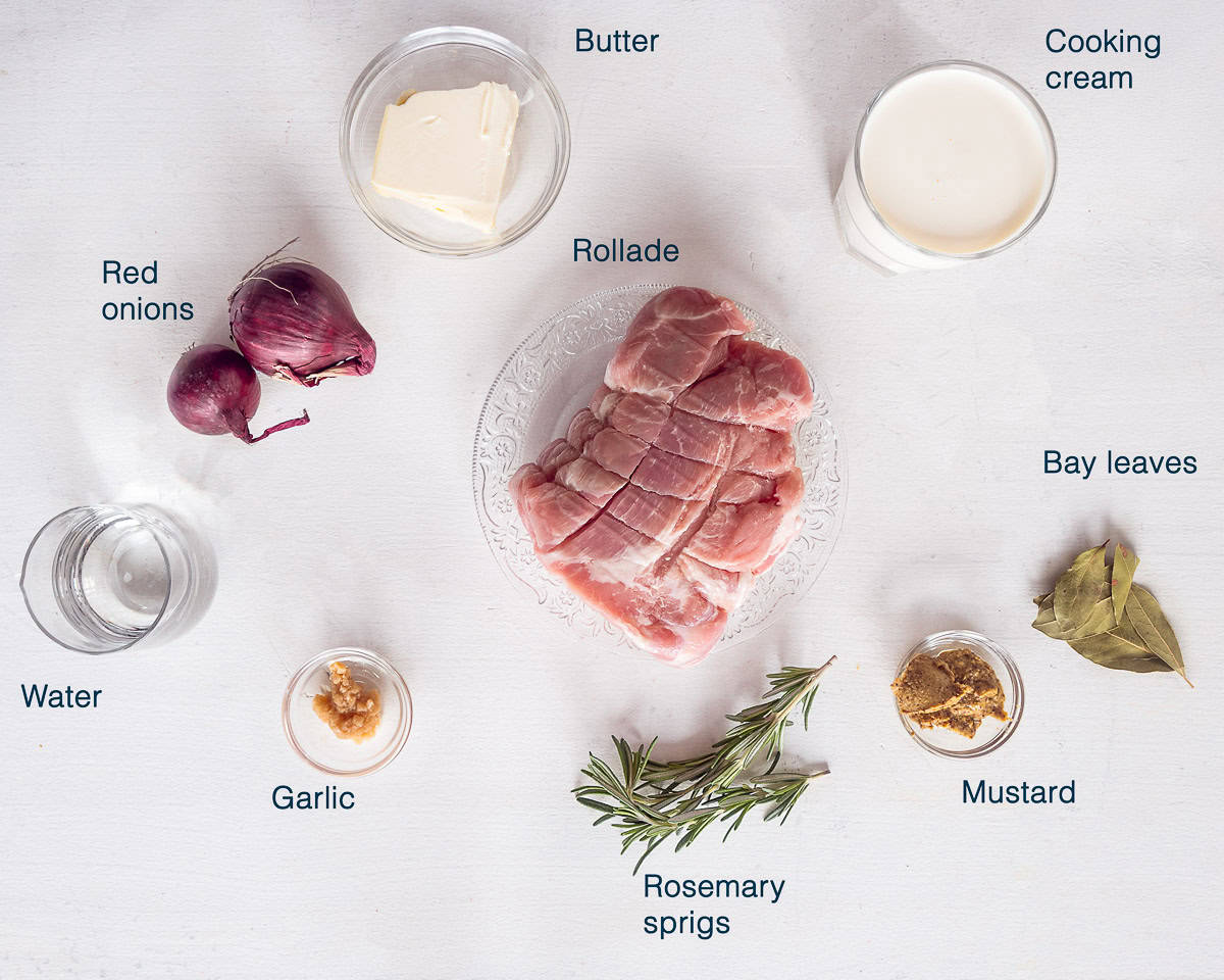 Ingredients Slow Cooker Pork Rollade on a white plate with text description
