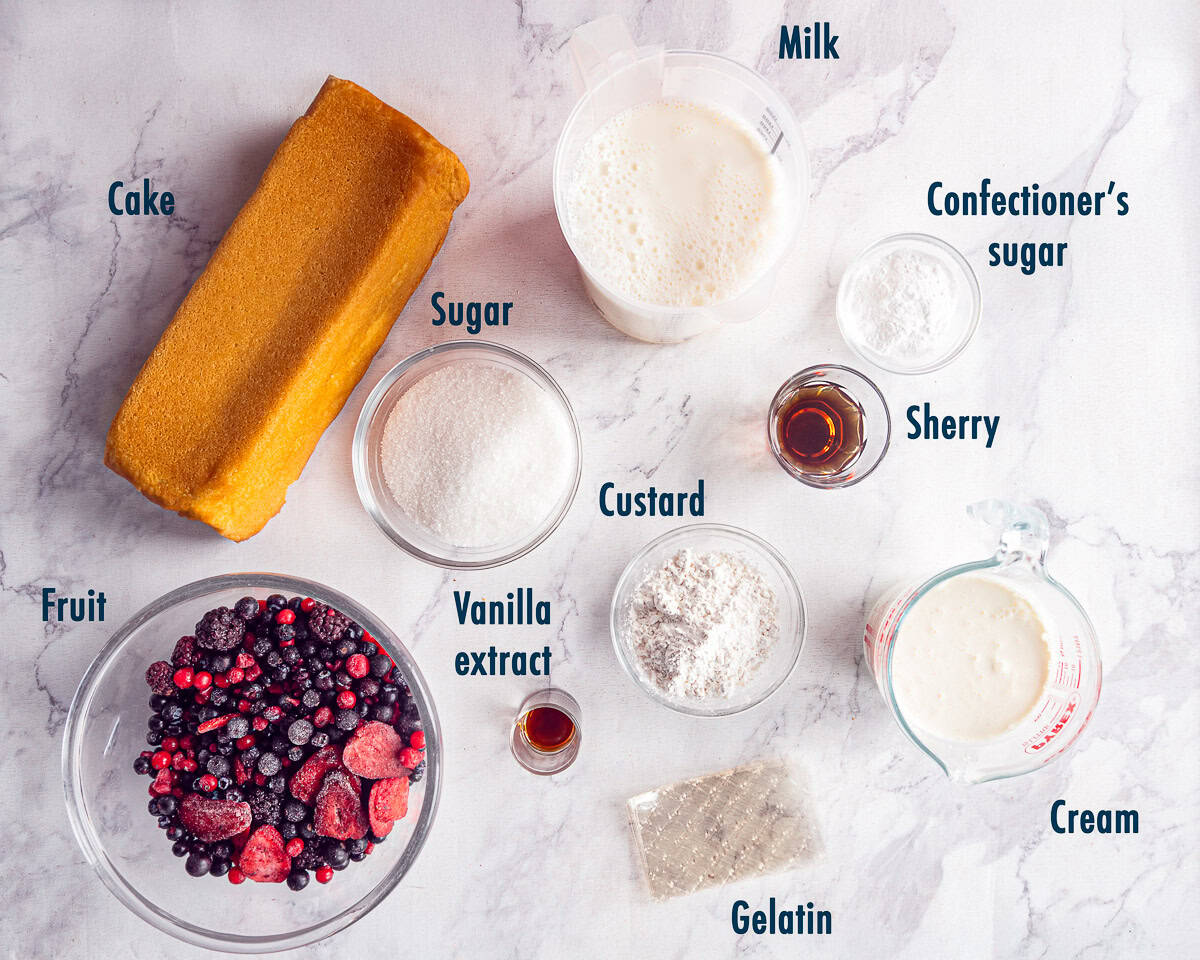 ingredients Sherry Trifle With Custard And Berries on a marbled white background with text description