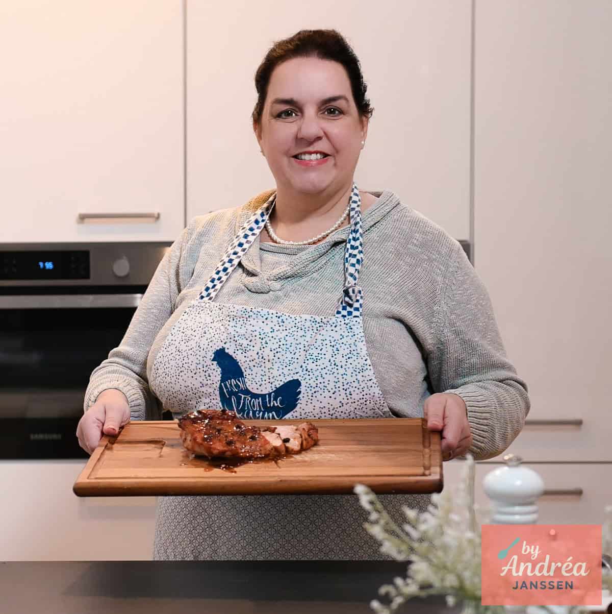 Andrea in the kitchen with ham
