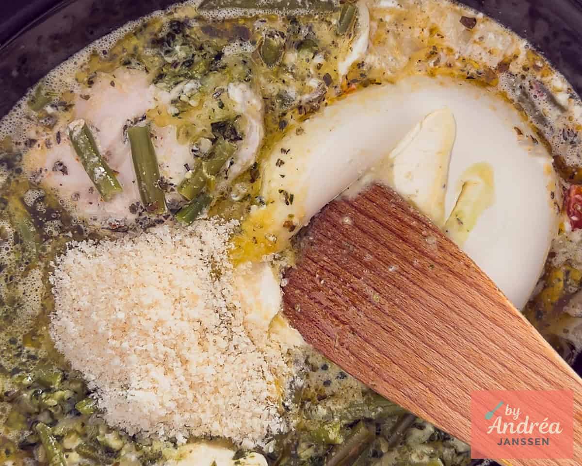 Mascarpone and Parmesan cheese are added to the Tuscan chicken.