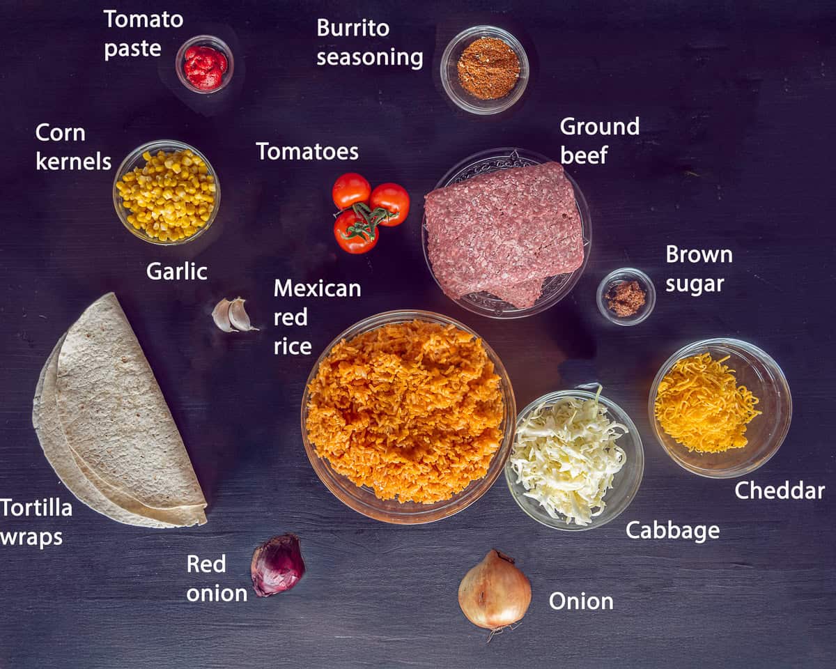 Ingredients Ground Beef Burritos on a black background with text description