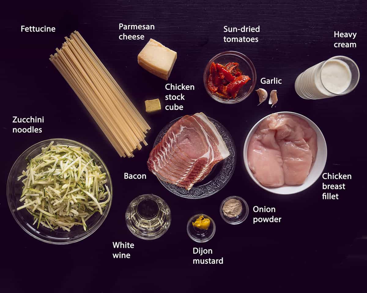 Ingredients Creamy Sun-Dried Tomato Chicken Pasta on a black background with text description