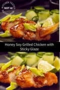 Two honey soy grilled chicken with sticky glaze. A text in between honey soy grilled chicken with sticky glaze