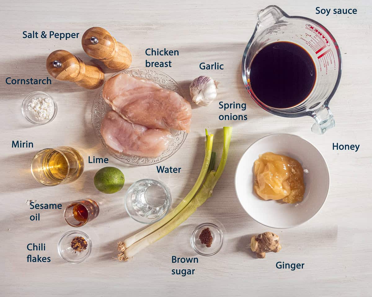 Ingredients Honey Soy Grilled Chicken, on a white background and a text description