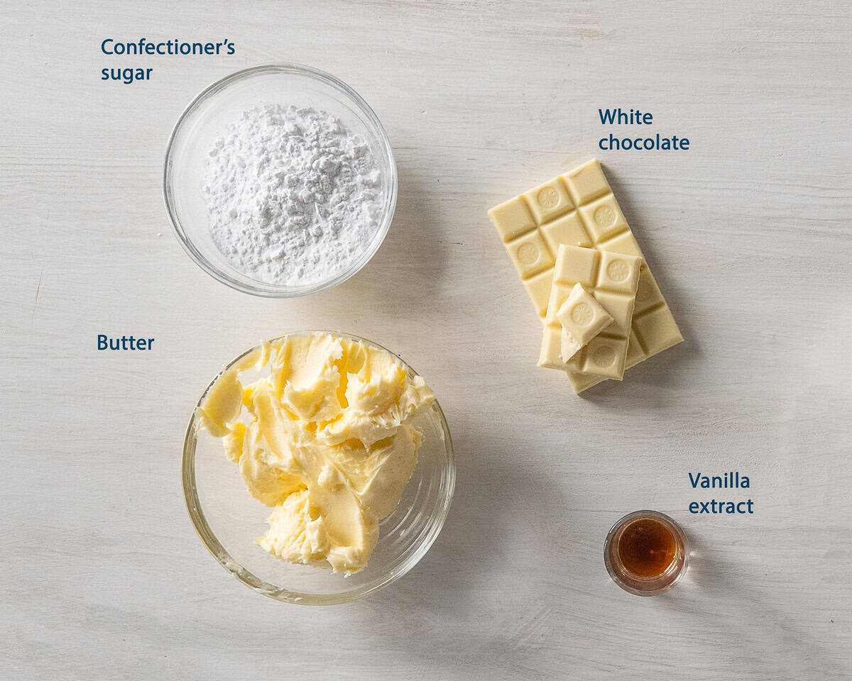 Ingredients White Chocolate Buttercream Frosting on a beige background with text description