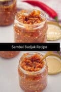 Two sambal badjak jars pictures on top each other with a text in between
