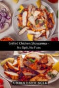 Overhead and close-up view of sliced grilled chicken shawarma with charred edges on a white plate, garnished with fresh mint and lemon wedges, with bowls of sliced red onion, shredded carrot and tomato alongside.