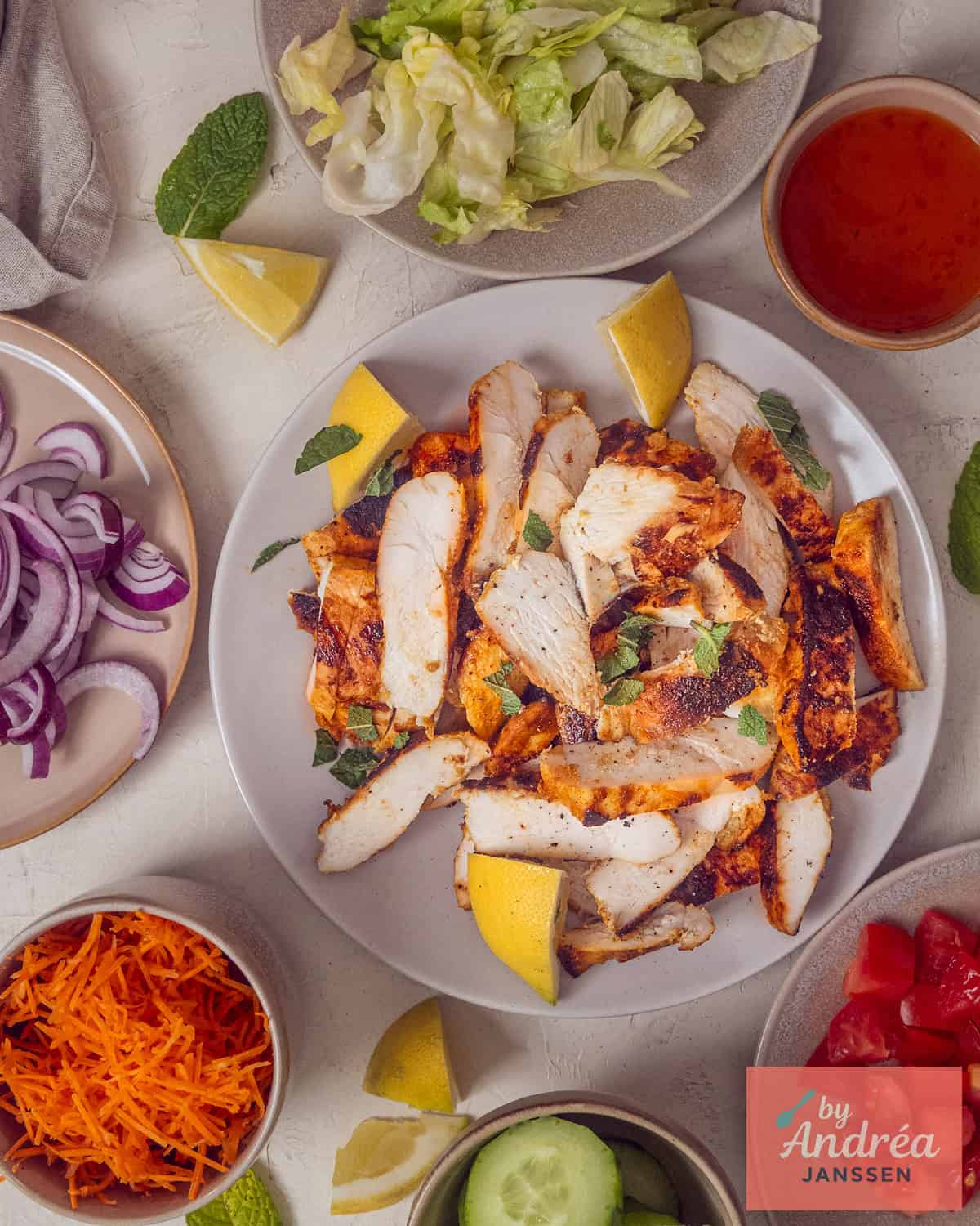 A photo from above of a plate with chicken shawarma and toppings arranged around it