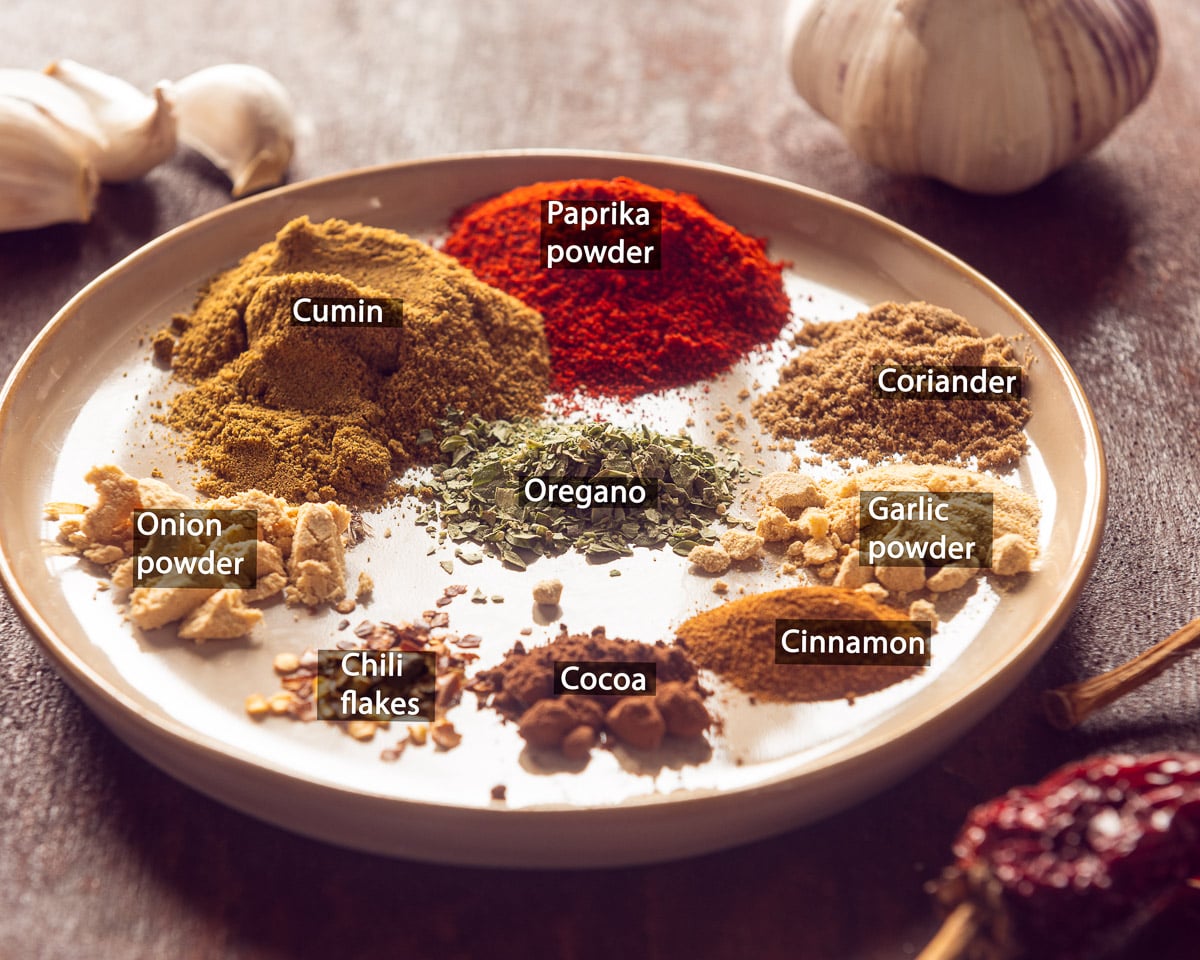 Chili seasoning ingredients on a plate: cumin, paprika, coriander, oregano, onion powder, garlic powder, chili flakes, cocoa, and cinnamon.