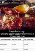 Close-up of beef stew with a glossy brown sauce being poured from a spoon, garnished with spring onion, and a conversion chart with cooking times for the oven, slow cooker on LOW, and slow cooker on HIGH.
