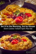 A dark bowl of creamy yellow split pea dal topped with fried shallots, sliced red chili and fresh cilantro, with a spoon lifting some of the dal and basmati rice alongside.