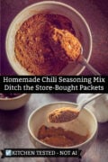 Homemade chili con carne seasoning mix with cumin, paprika, and cocoa powder in a bowl, with a spoonful of spice blend