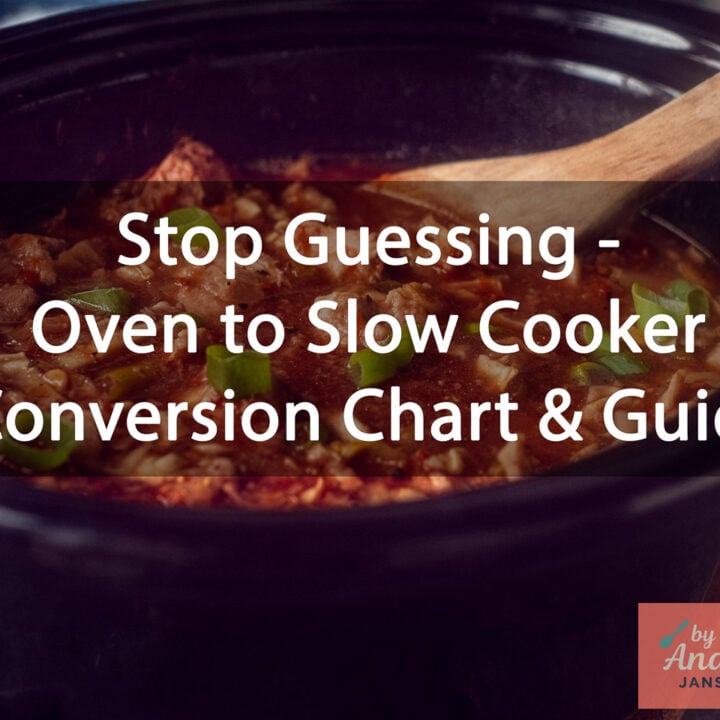 Close-up of beef stew with a glossy brown sauce being poured from a spoon, garnished with spring onion, and a conversion chart with cooking times for the oven, slow cooker on LOW, and slow cooker on HIGH.