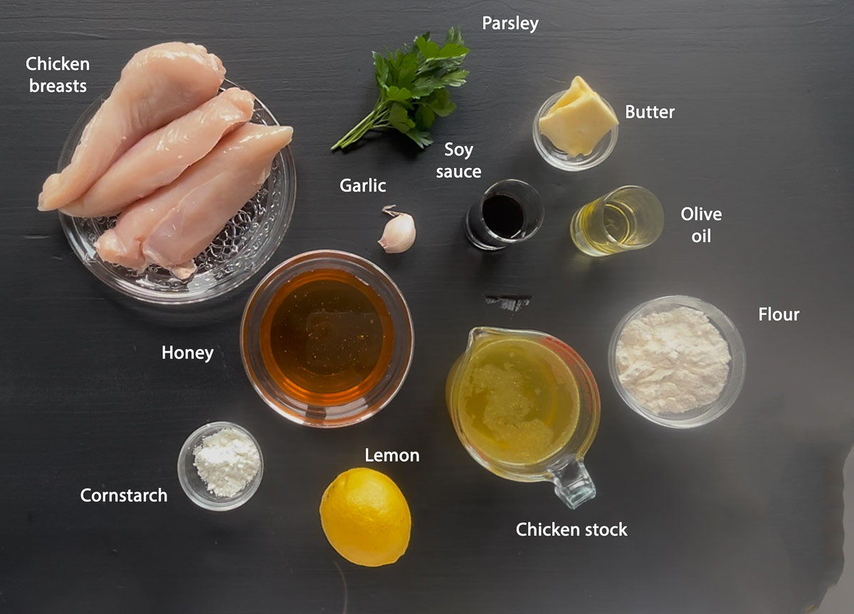 Ingredients with Dutch labels: chicken breasts, honey, lemon, garlic, soy sauce, chicken stock, flour, cornstarch, butter, oil, and parsley.