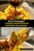 Top: a spoon pouring dark, glossy sweet soy sauce over chicken pieces with sesame seeds on a bowl of yellow cabbage mashed potatoes. Bottom: a fork lifting a bite of glazed chicken, a slice of green onion and curried mash.