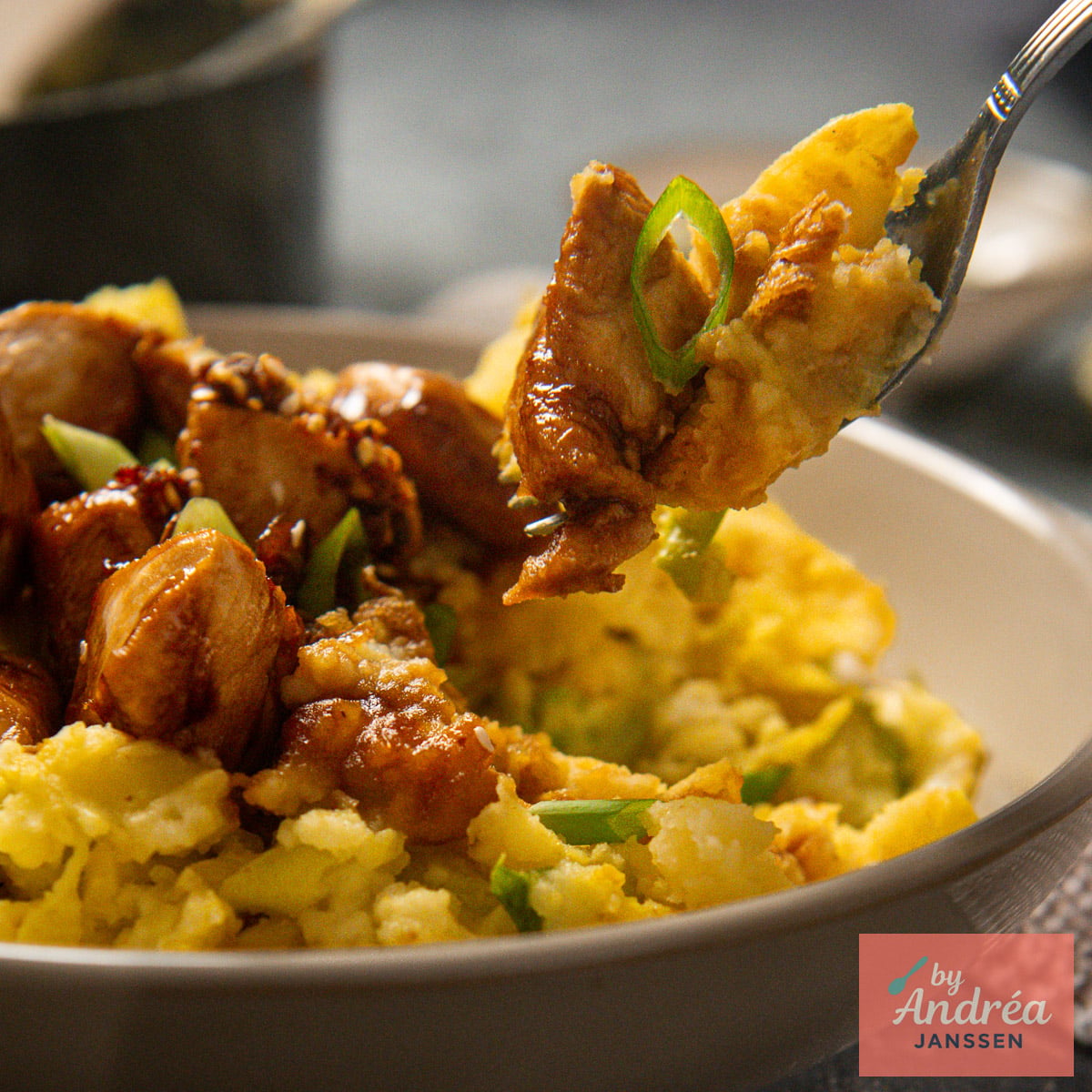 Fork holding curried cabbage mashed potatoes, sweet soy chicken, and a green onion slice above a filled plate.