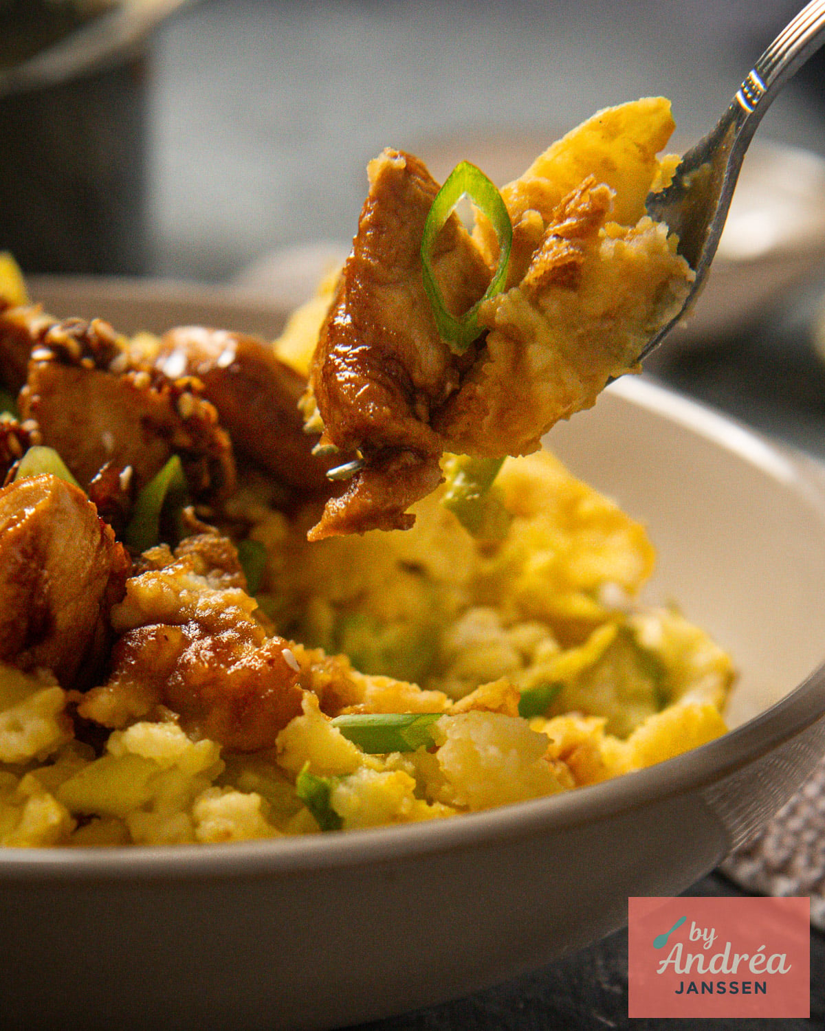 Close-up of a forkful of sweet soy chicken, curried cabbage mash, and green onion, with the plate behind it.